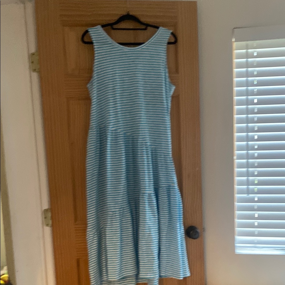 Time and Tru Blue and White Tiered Midi Sundress